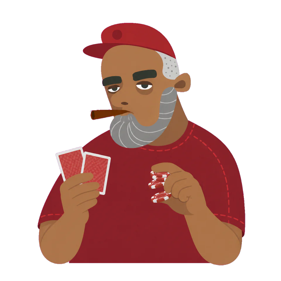 Rec, one of the app’s characters, holding a cigar, his cards and a few chips