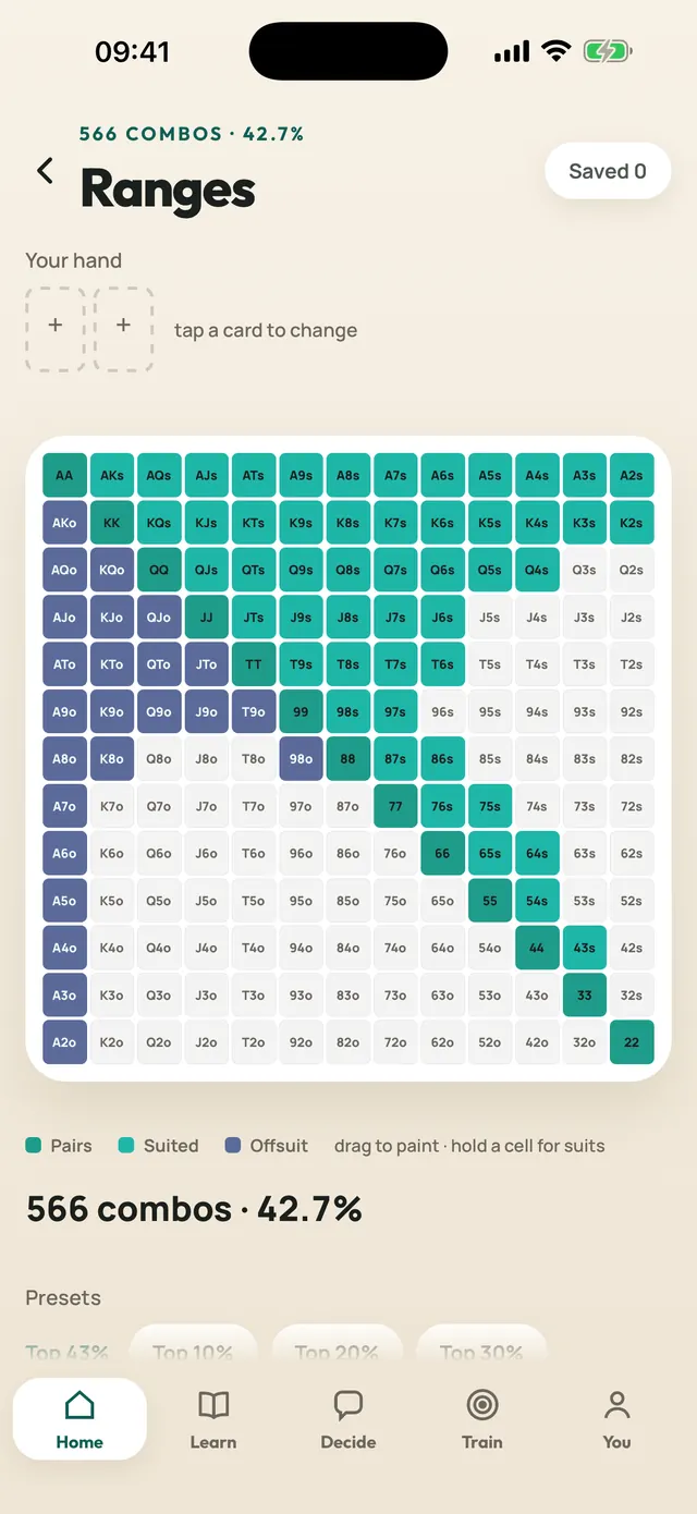Range grid in the app: a 13x13 chart of starting hands with a range painted in