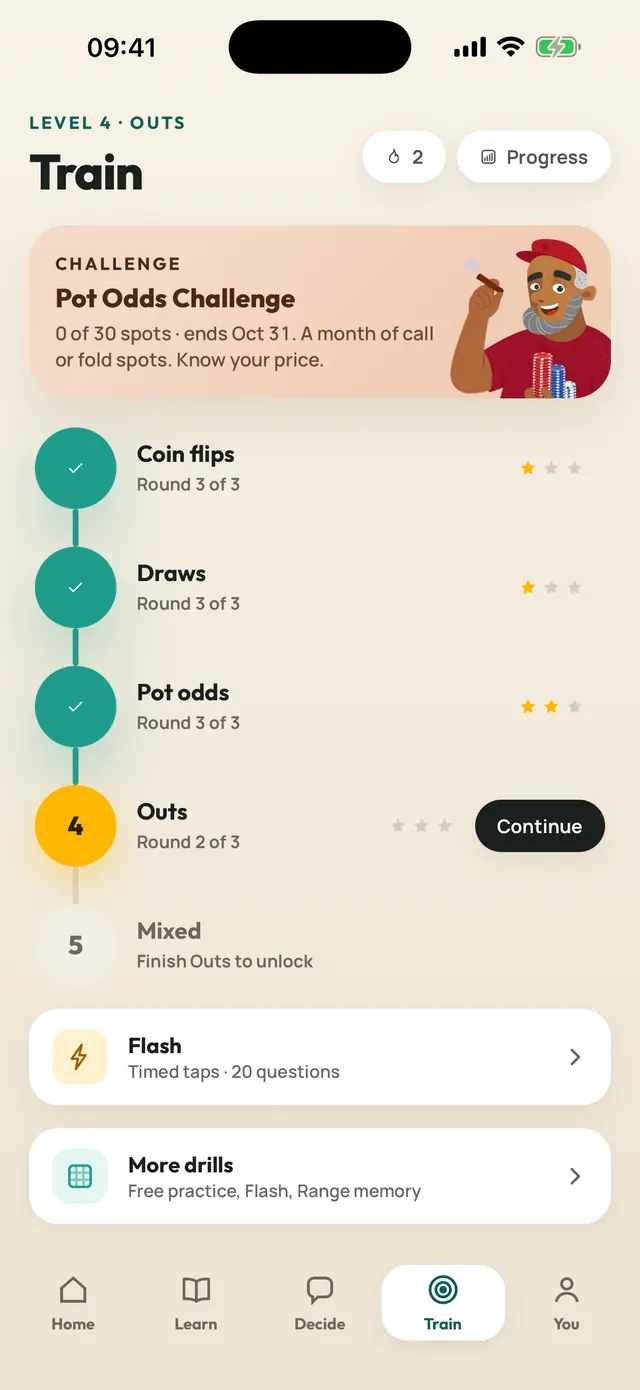 Train tab: five levels from coin flips to mixed spots, three rounds each