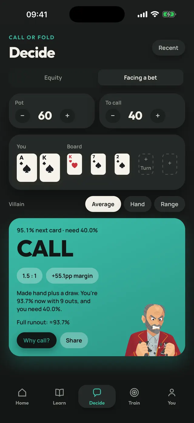 Decide screen in the Night theme with a CALL verdict and the reason