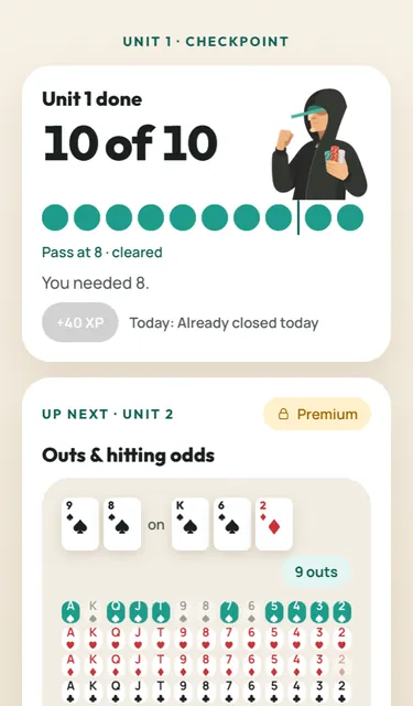 Unit 1 checkpoint result: 10 of 10, pass at 8, Unit 2 up next