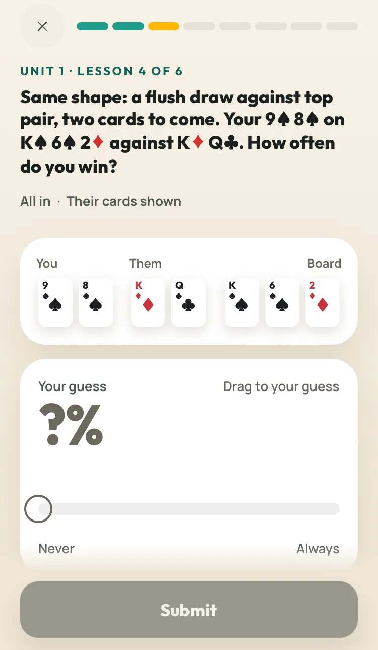 Lesson 1.4, step 3 of 8: the flush draw question with a slider for your guess